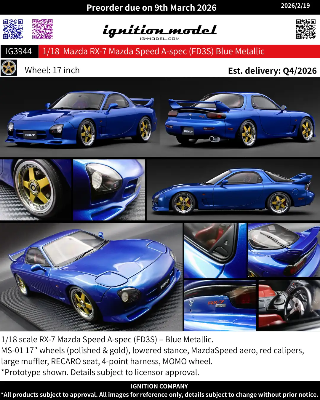 Ignition Model 1:18 Mazda RX-7 Mazda Speed A-spec (FD3S) Blue Metallic IG3944