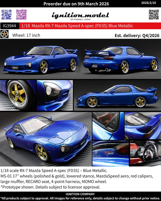 Ignition Model 1:18 Mazda RX-7 Mazda Speed A-spec (FD3S) Blue Metallic IG3944