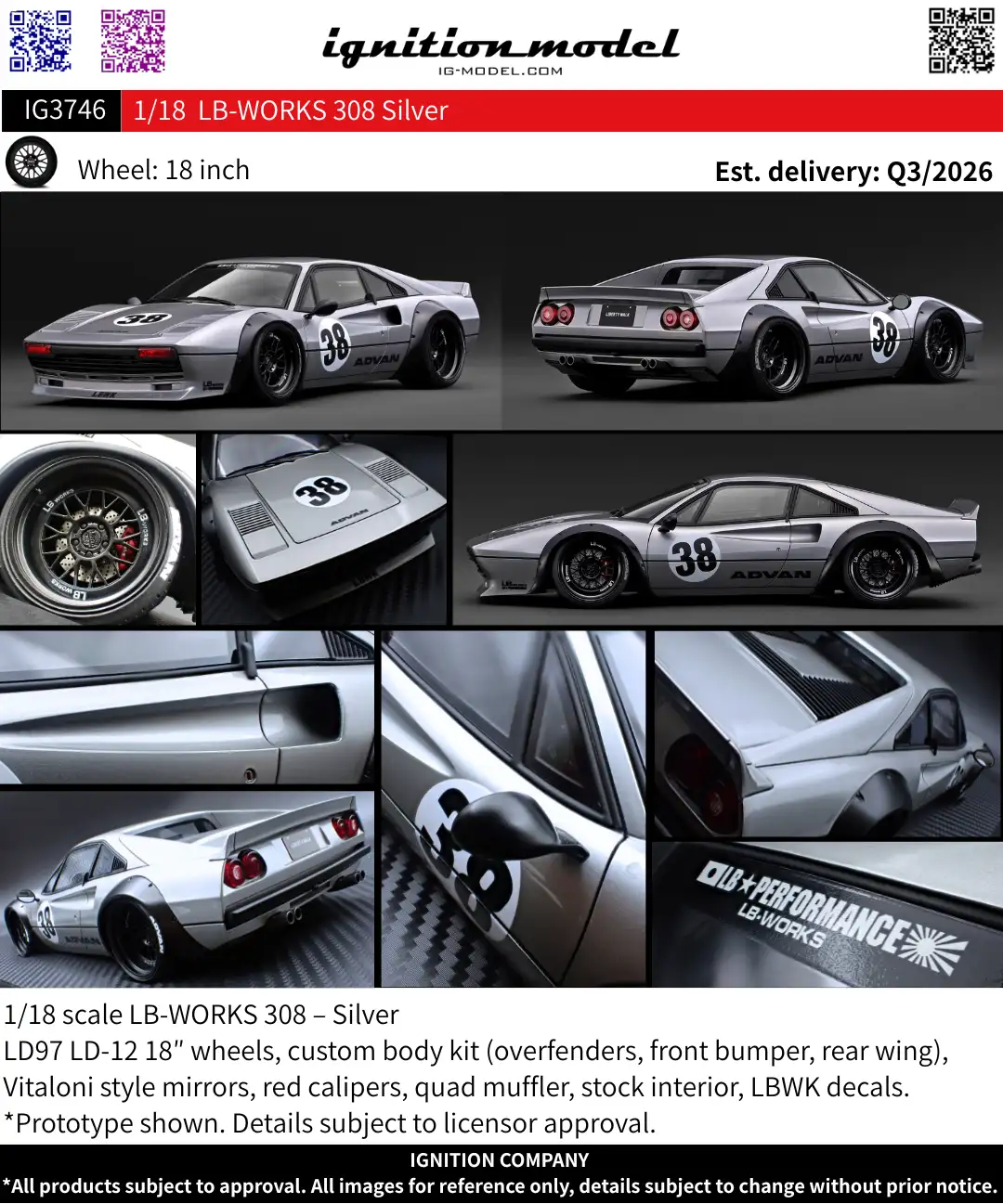 Ignition Model 1:18 LB-WORKS Ferrari 308 Silver IG3746