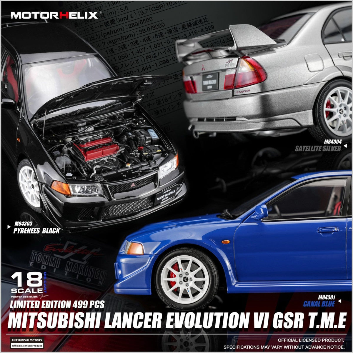 MOTORHELIX 1:18 Mitsubishi Lancer Evolution VI GSR Tommi Mäkinen Edition (3 Colours)