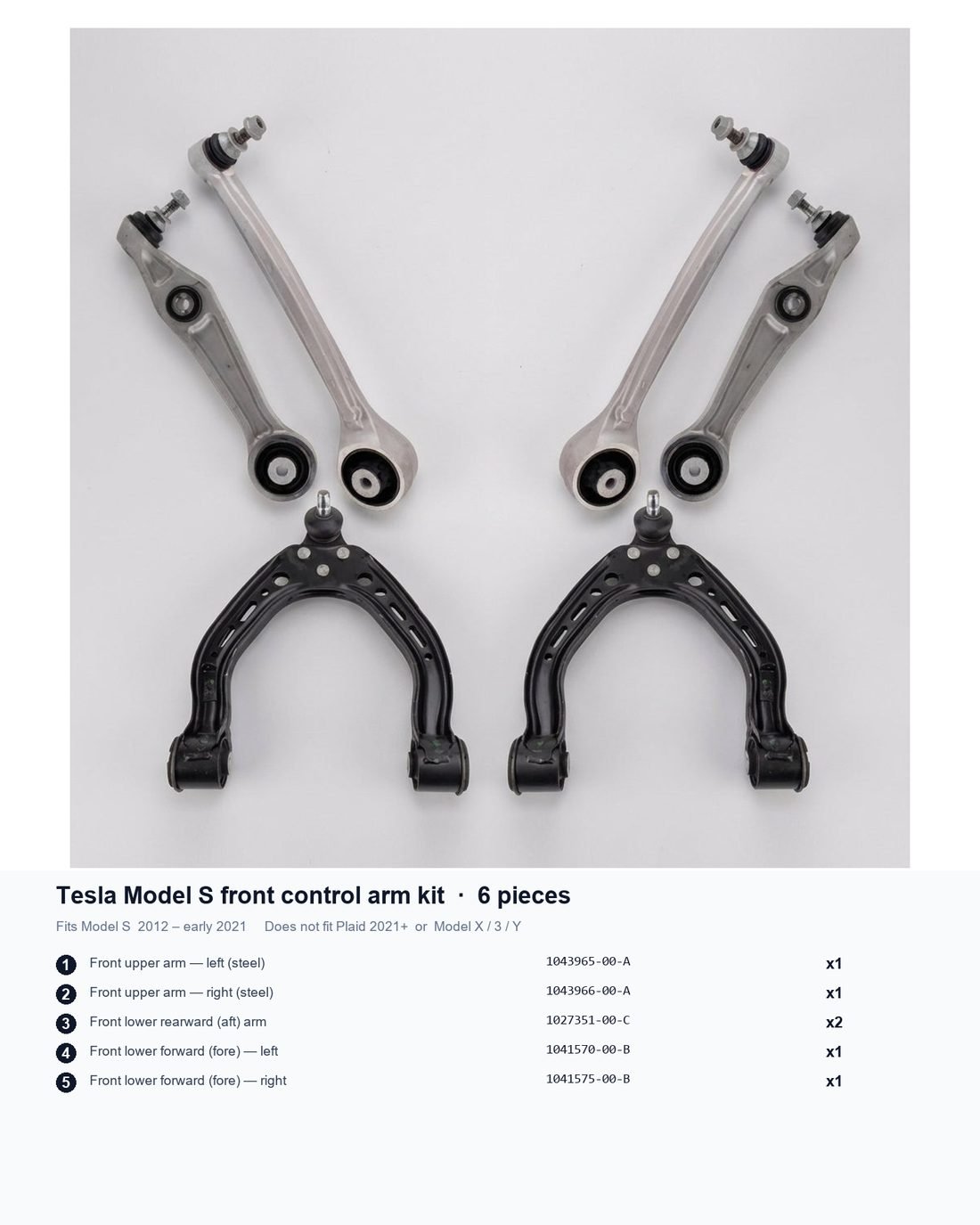 Tesla Model S Front Control Arm Kit, 6-Piece (2012–2021)