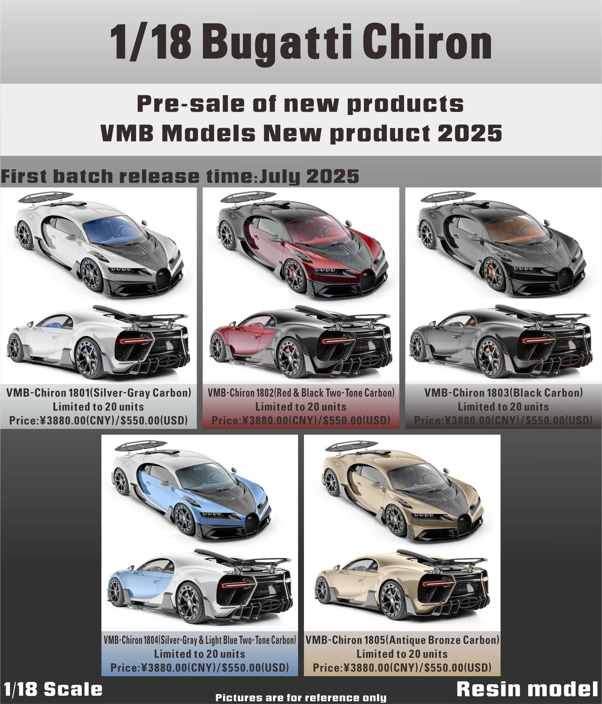 VMB 1:18 Bugatti Chiron (5 Colours)