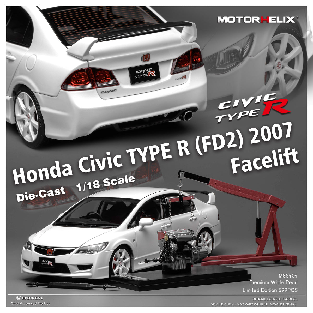 MOTORHELIX 1:18 Honda Civic Type R (FD2) 2007 Facelift Premium White Pearl M85404