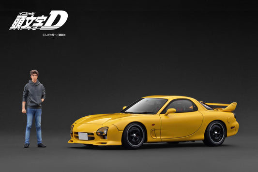 Ignition Model 1:18 INITIAL D Mazda RX-7 Mazda Speed A-spec (FD3S) Yellow With Mr. Keisuke Takahashi IG3941