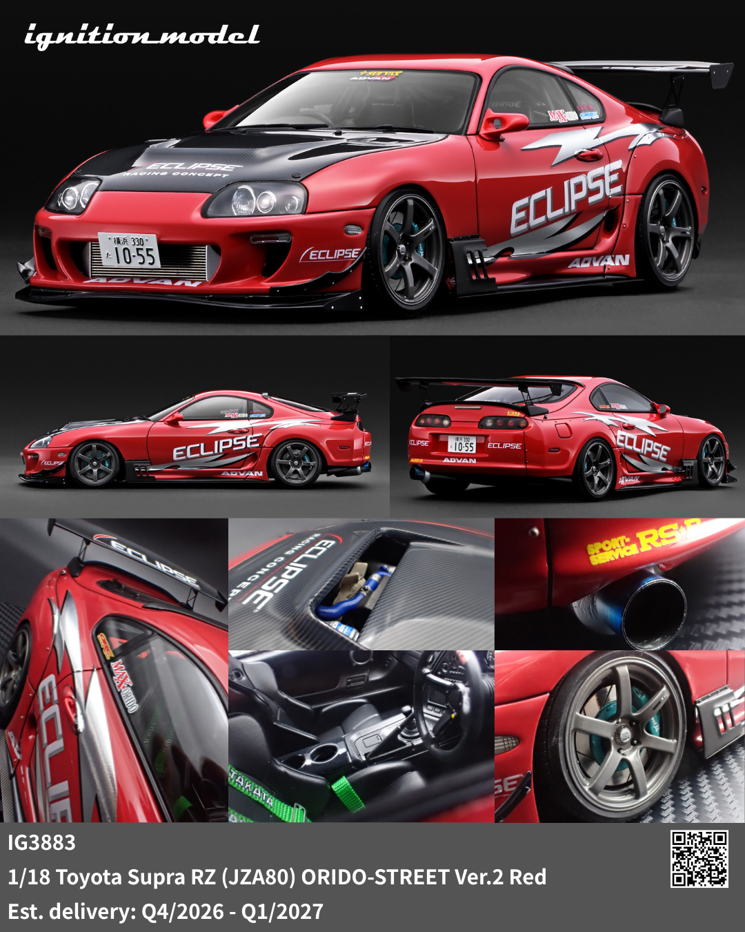 Ignition Model 1:18 Toyota Supra RZ (JZA80) ORIDO-STREET Ver.2 Red IG3883