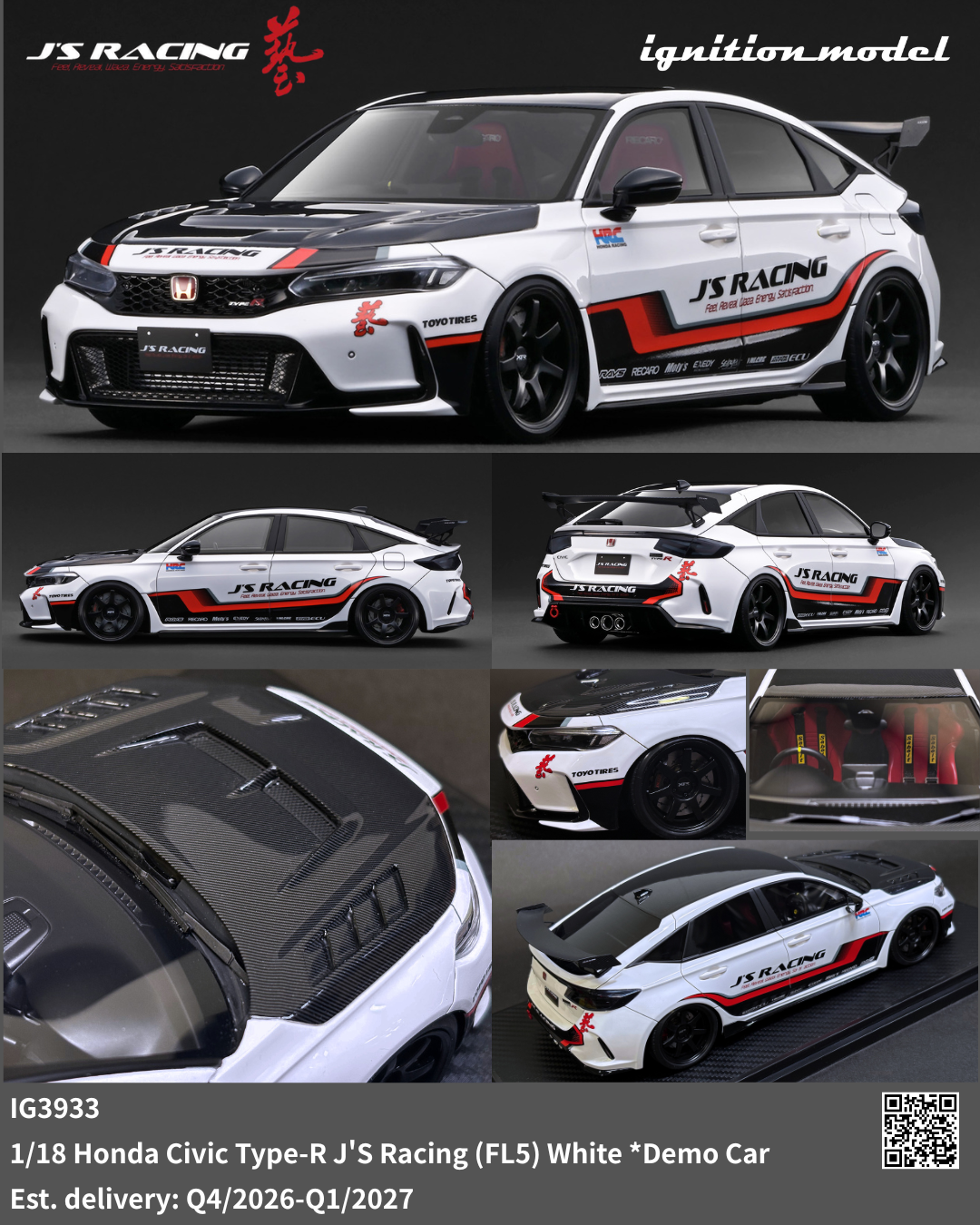 [Preorder] Ignition Model 1:18 Honda Civic Type-R J'S Racing (FL5) White *Demo Car IG3933