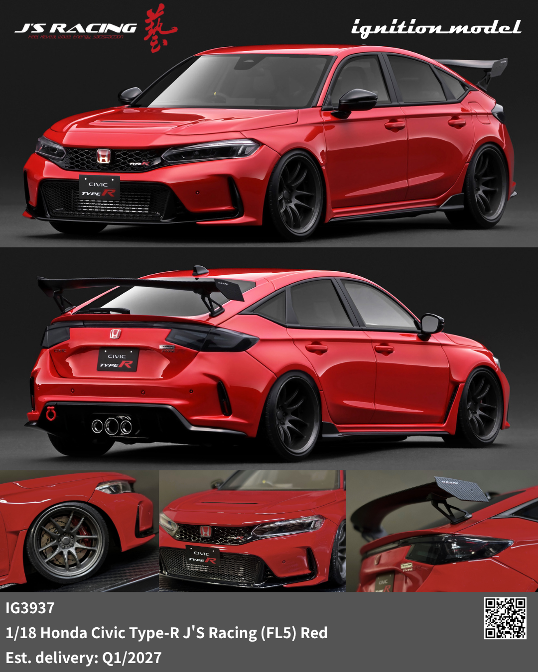 [Preorder] Ignition Model 1:18 Honda Civic Type-R J'S Racing (FL5) Red IG3937