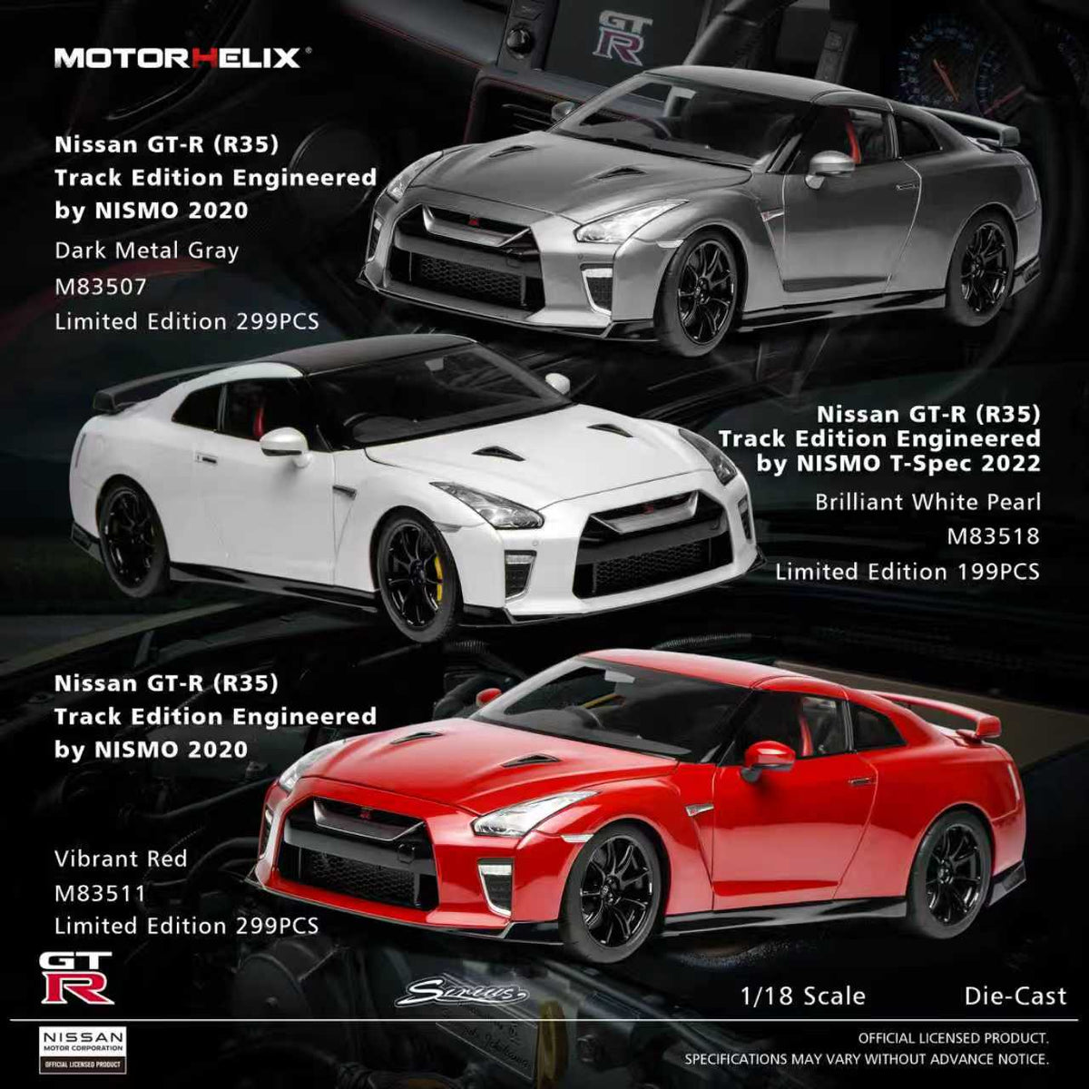 Motorhelix 1:18 Nissan GT-R (R35) Track Edition Engineered by NISMO 2020 (3 Colors)