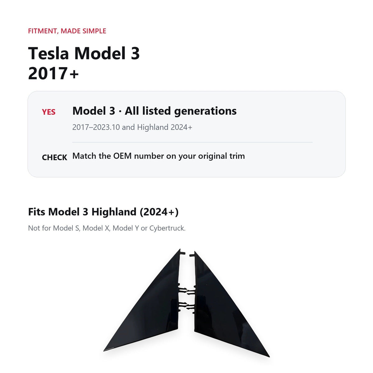A-Pillar Mirror Triangle Trim for Model 3 / 3 Highland (1130655-00-E / 1130656-00-E）