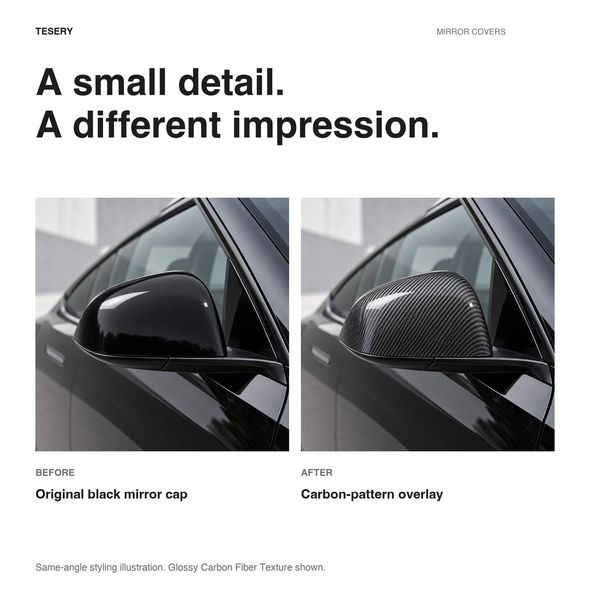 ABS Mirror Covers for Model 3/Y | 4 Finishes | 3M Tape | Scratch Protection | 3 Versions