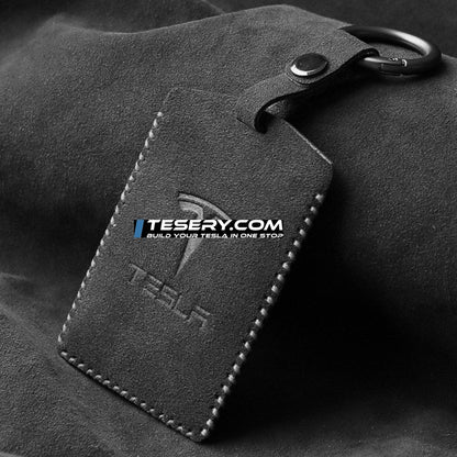 Alcantara Key Card Holder for Model 3/Y | Italian Material | Hook & Keychain | White Stitching