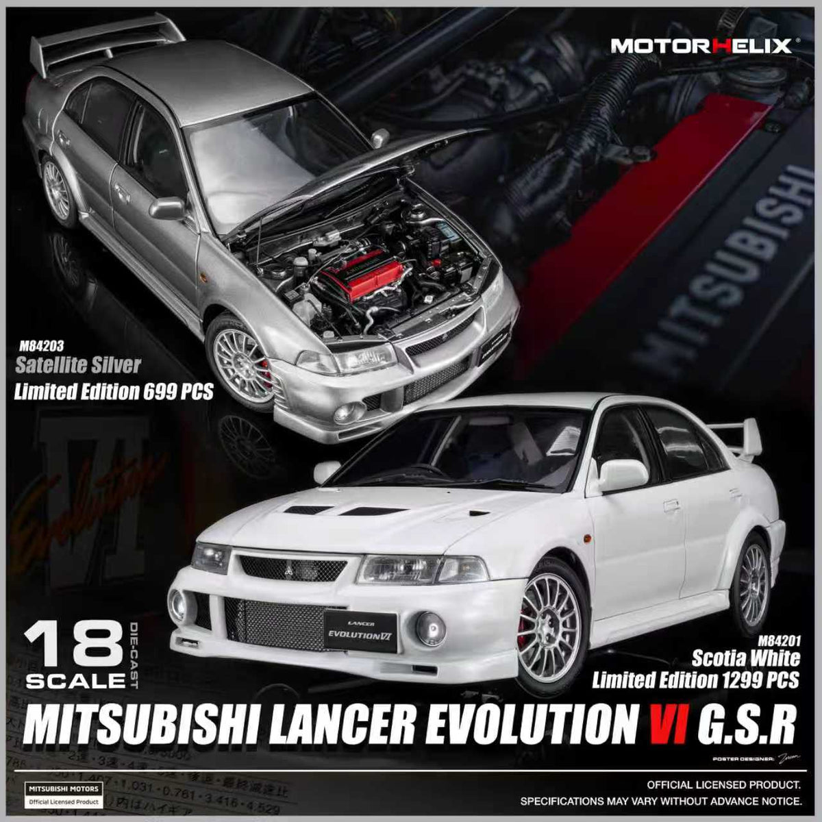 [Preorder] MOTORHELIX 1:18 Mitsubishi Lancer Evolution VI GSR (2 Colours) M84201 / M84203