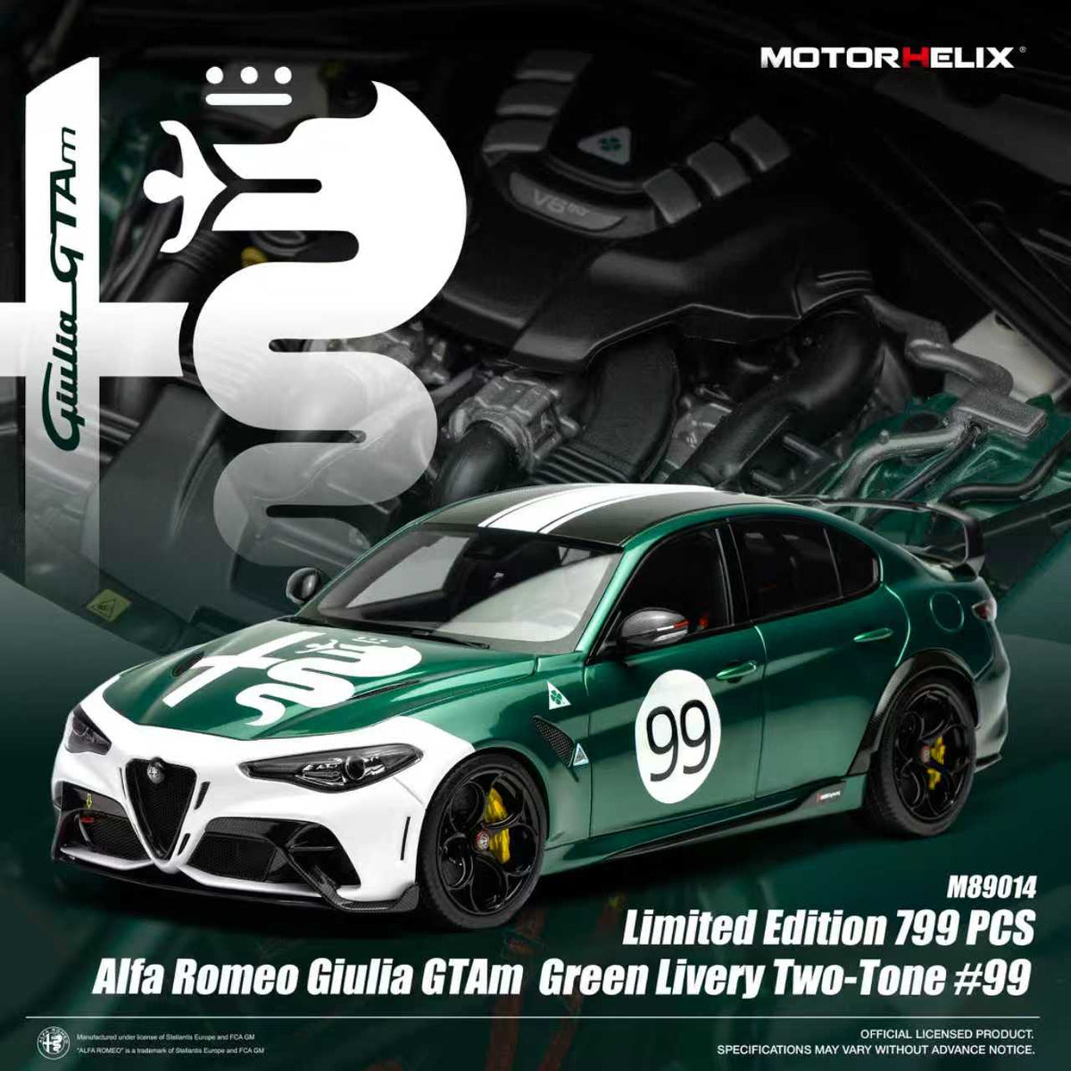MOTORHELIX 1:18 Alfa Romeo Giulia GTAm Green Livery Two-Tone #99 M89014