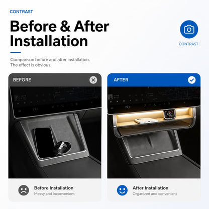 Dual-Layer Tray Under Screen Storage Box with LED Light for Model 3 Highland / Y Juniper