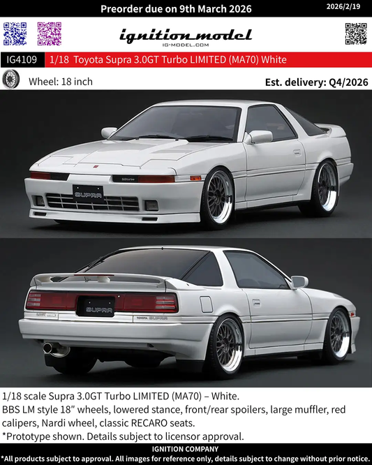 [Preorder] Ignition Model 1:18 Toyota Supra 3.0GT Turbo LIMITED (MA70) White IG4109