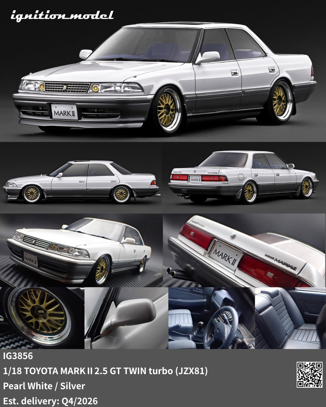 [Preorder] Ignition Model 1:18 TOYOTA MARKⅡ2.5 GT TWIN turbo (JZX81) Pearl White / Silver IG3856