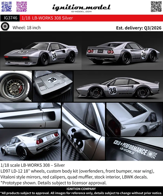 Ignition Model 1:18 LB-WORKS Ferrari 308 Silver  IG3746