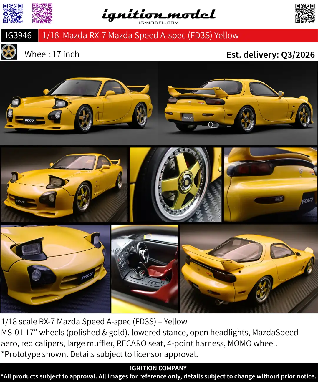 Ignition Model 1:18 Mazda RX-7 Mazda Speed A-spec (FD3S) Yellow IG3946