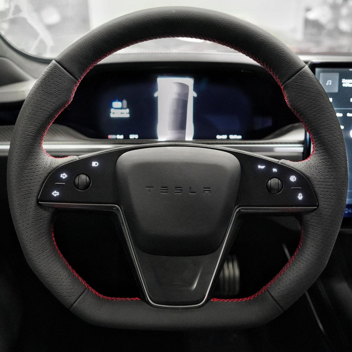 TESERY Touch Horn Plaid Round Steering Wheel Replacement for Tesla Model S / X 2021-2023