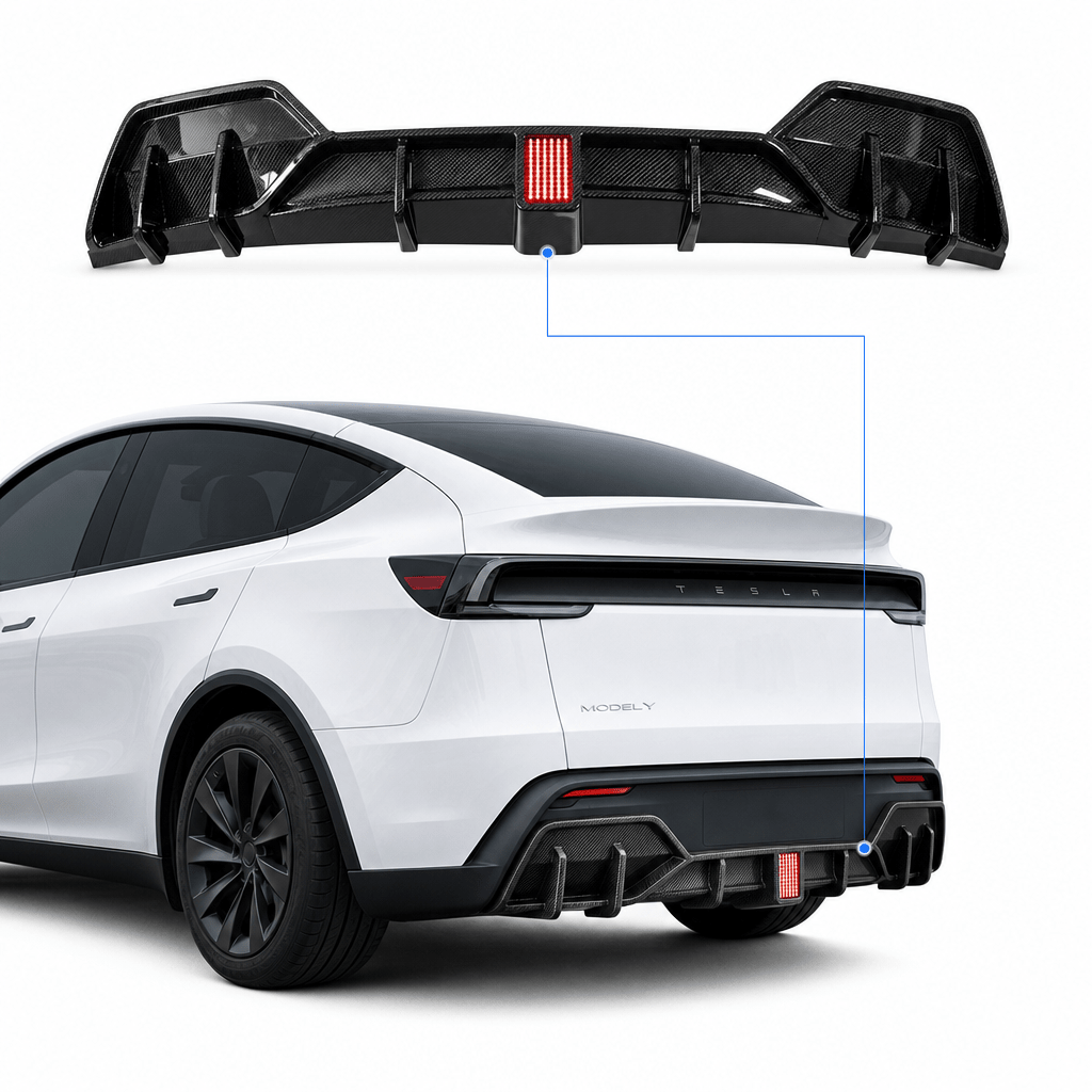 Rear Bumper Lip Spoiler & Diffuser with Flashing LED Pilot Brake Light for Model Y Juniper