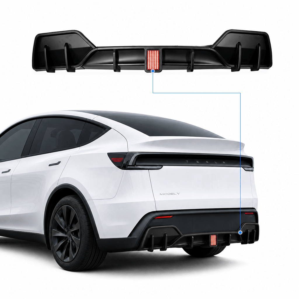 Rear Bumper Lip Spoiler & Diffuser with Flashing LED Pilot Brake Light for Model Y Juniper