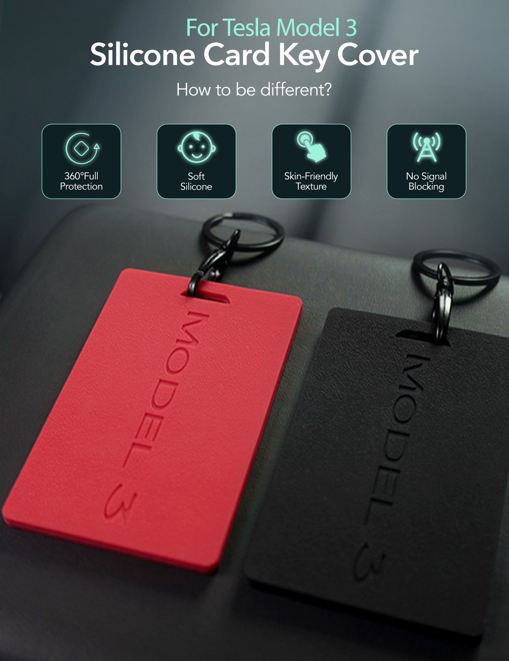 Silicone Key Card Holder for Model 3/Y | 2 Colors | Anti-Slip | Waterproof | Keychain Design