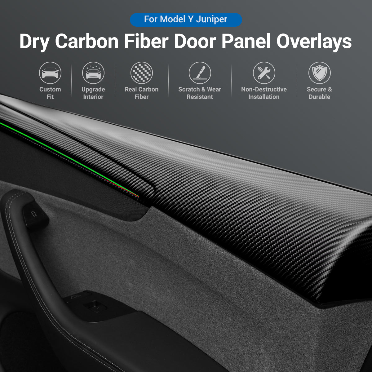TESERY Dry Carbon Fiber Full Upper Oversized Extended Door Panel Overlays for Model Y Juniper