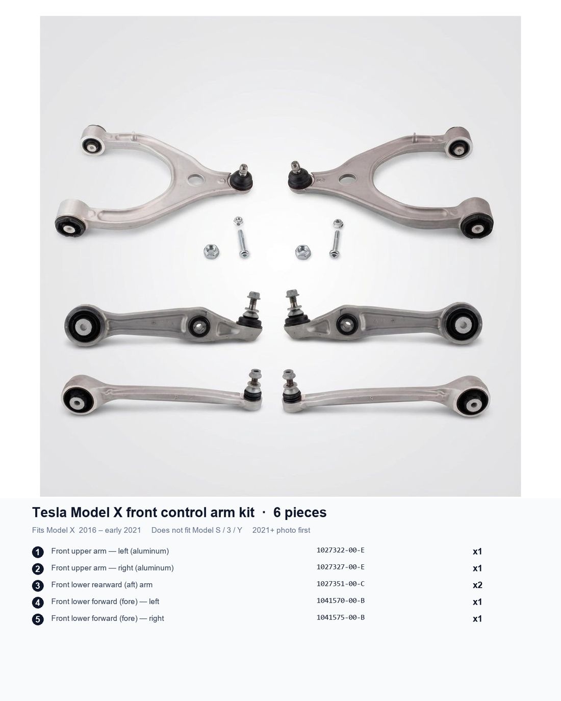 Tesla Model X Front Control Arm Kit, 6-Piece (2016–2021)